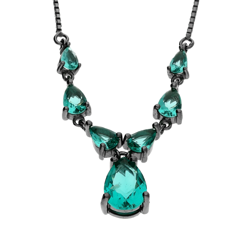 Naszyjnik srebrny rutenowany krople z zielonymi cyrkoniami/kostka PA060 zielony próba 925