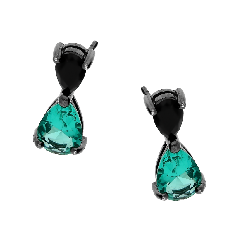 Kolczyki srebrne rutenowane kropla z zieloną i czarną cyrkonią/sztyft  PA060 zielony próba 925