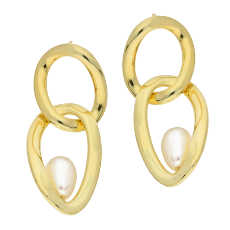 Kolczyki pozłacane biała perła i dwie owalne ramki/sztyft PA073 GOLD próba 925