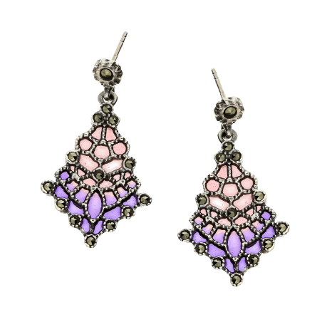 Kolczyki srebrne pajęczyna z fioletowo-różowym witrażem/sztyft SR 384c próba 925