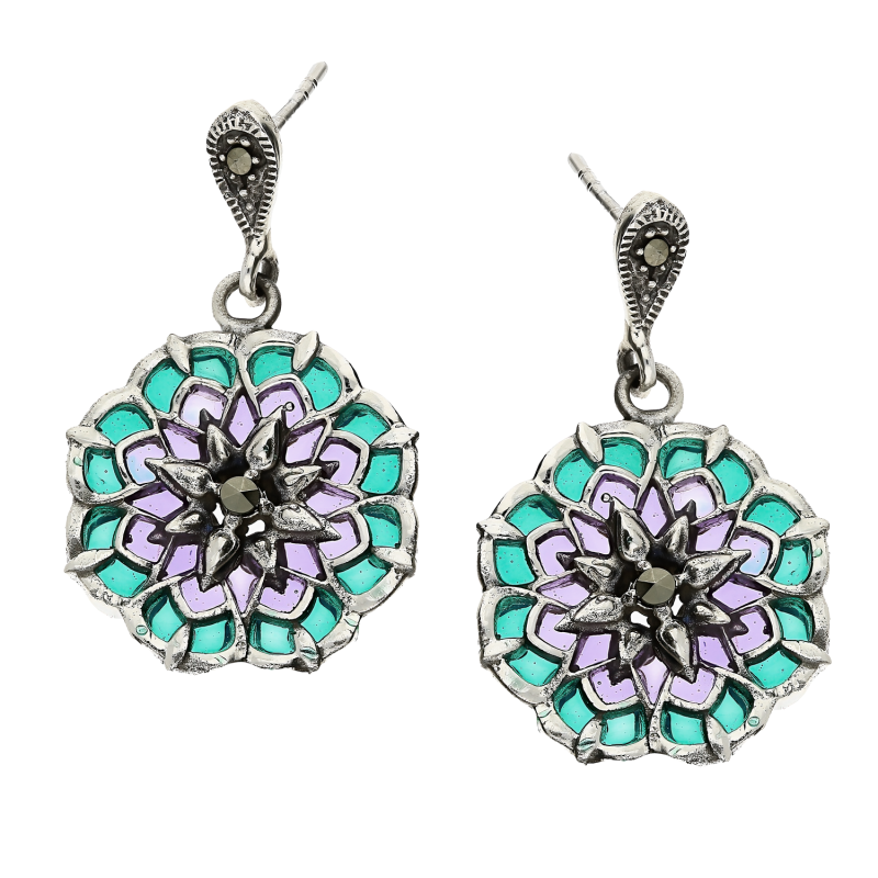 Kolczyki srebrne kwiat z zielono-fioletowym witrażem/sztyft SR 396b próba 925