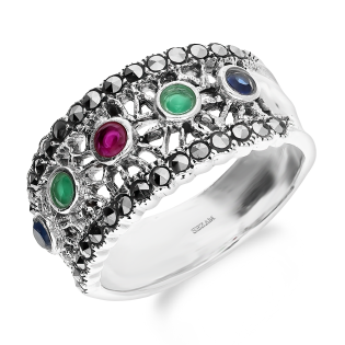 Pierścionek srebrny ażurowy z markazytami i kolorowymi kamieniami jub. HS1634 mix próba 925