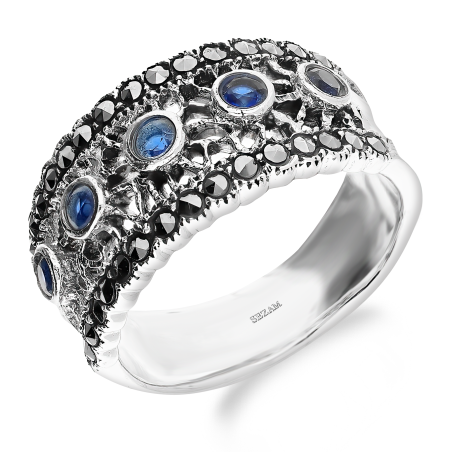 Pierścionek srebrny ażurowy z markazytami i szafirami jubilerskimiHS1634 szafir próba 925