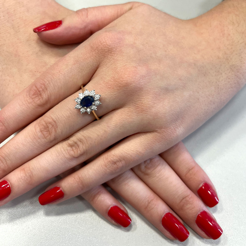 Pierścionek zaręczynowy szafir otoczony białymi diamentami NF GS-1145 SAP KATE Magic próba 585