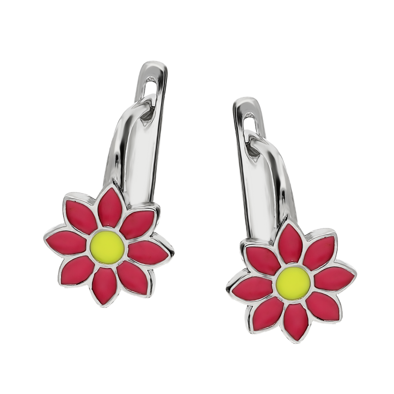Kolczyki srebrne dla dziewczynki kwiat z różową i żółtą emalią/ang.zap. PW6 różowy próba 925