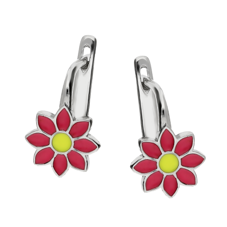 Kolczyki srebrne dla dziewczynki kwiat z różową i żółtą emalią/ang.zap. PW6 różowy próba 925