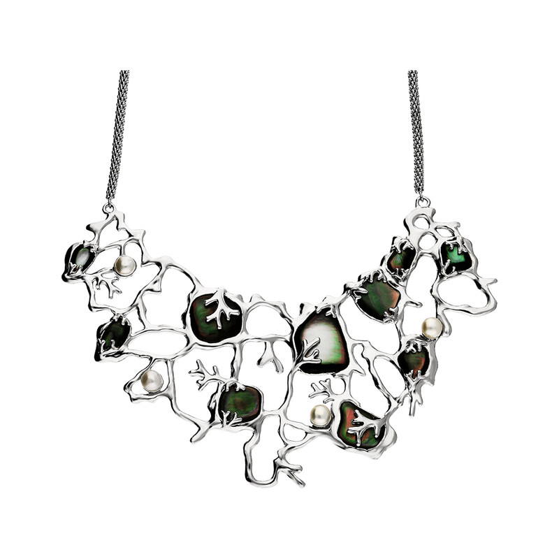 Naszyjnik siatka z zieloną masą perłową i perłami  NJ 8028 próba 925