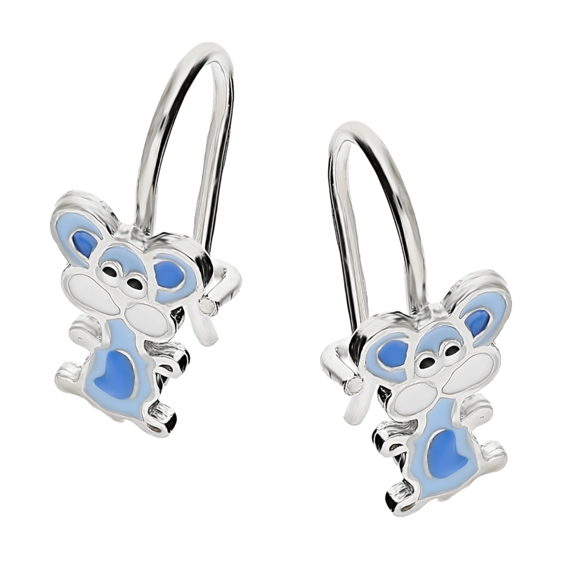 Kolczyki srebrne dla dziewczynki myszka z niebieską emalią/bigiel PW12-2 niebieski próba 925