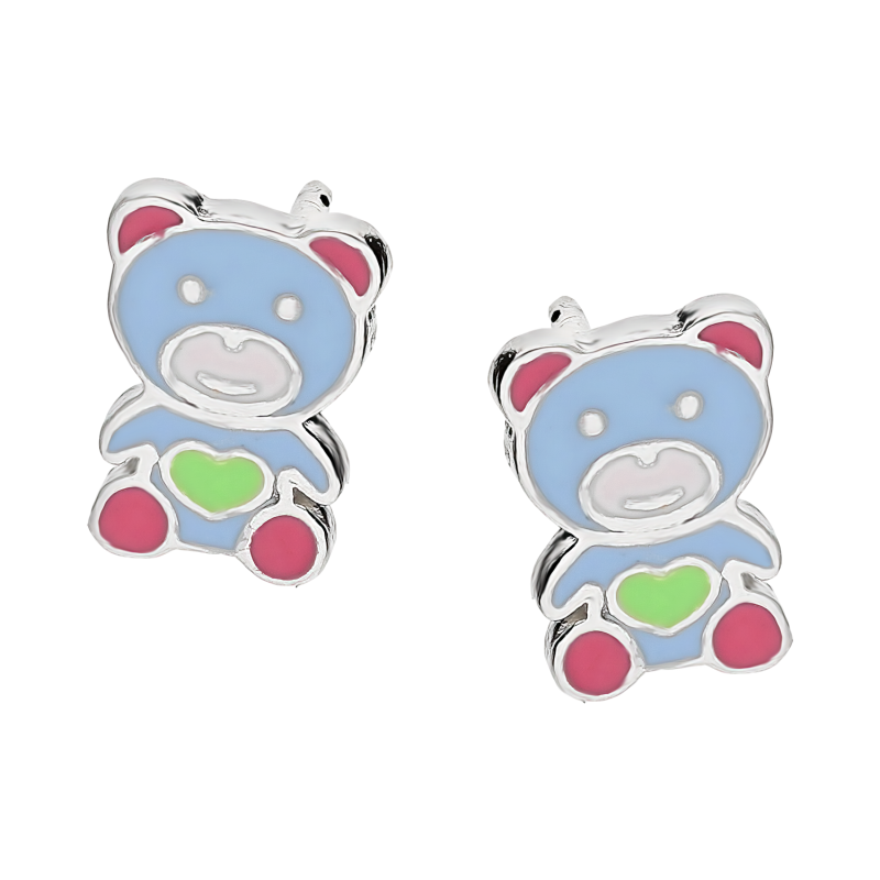 Kolczyki srebrne dla dziewczynki miś z sercem/sztyft PW61 próba 925