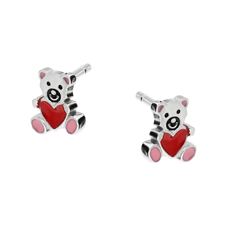 Kolczyki srebrne dla dziewczynki miś z sercem i emalią/sztyft PW588-1 próba 925