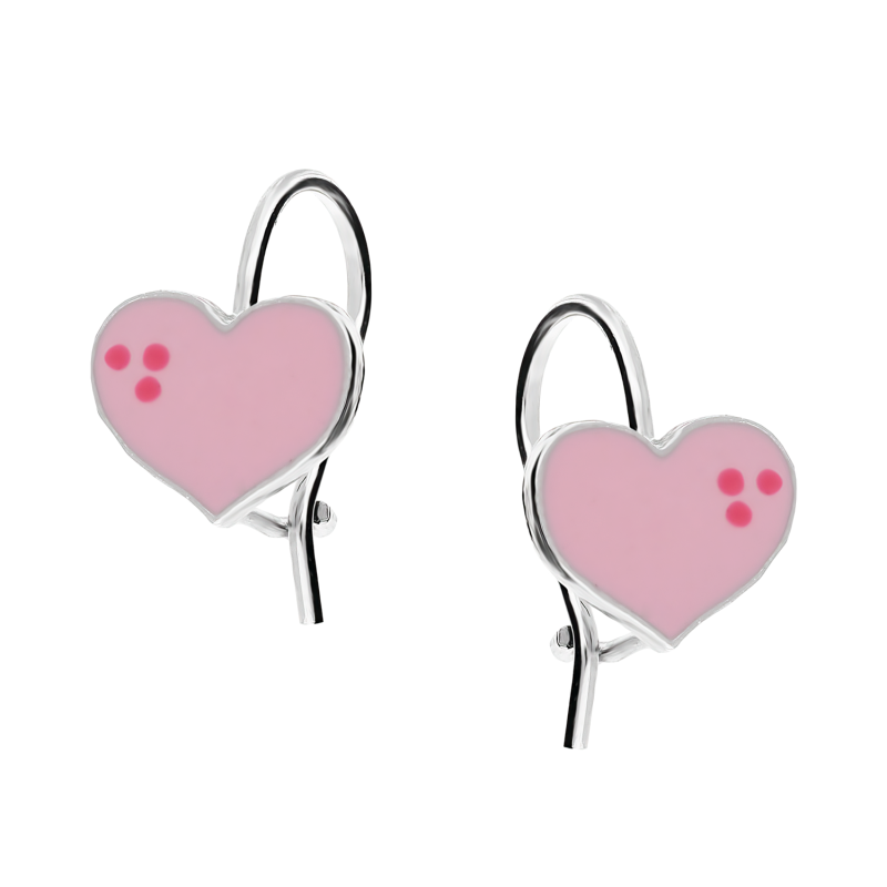 Kolczyki srebrne dla dziewczynki serce z różową emalią/bigiel PW589 próba 925