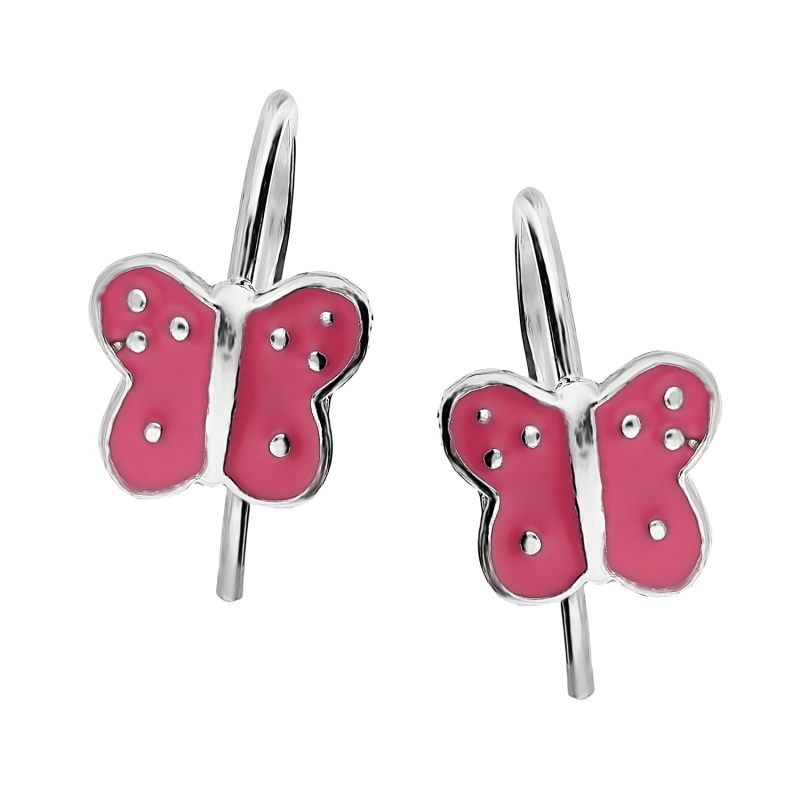 Kolczyki srebrne dla dziewczynki motyl z różową emalią/bigiel PW590 próba 925