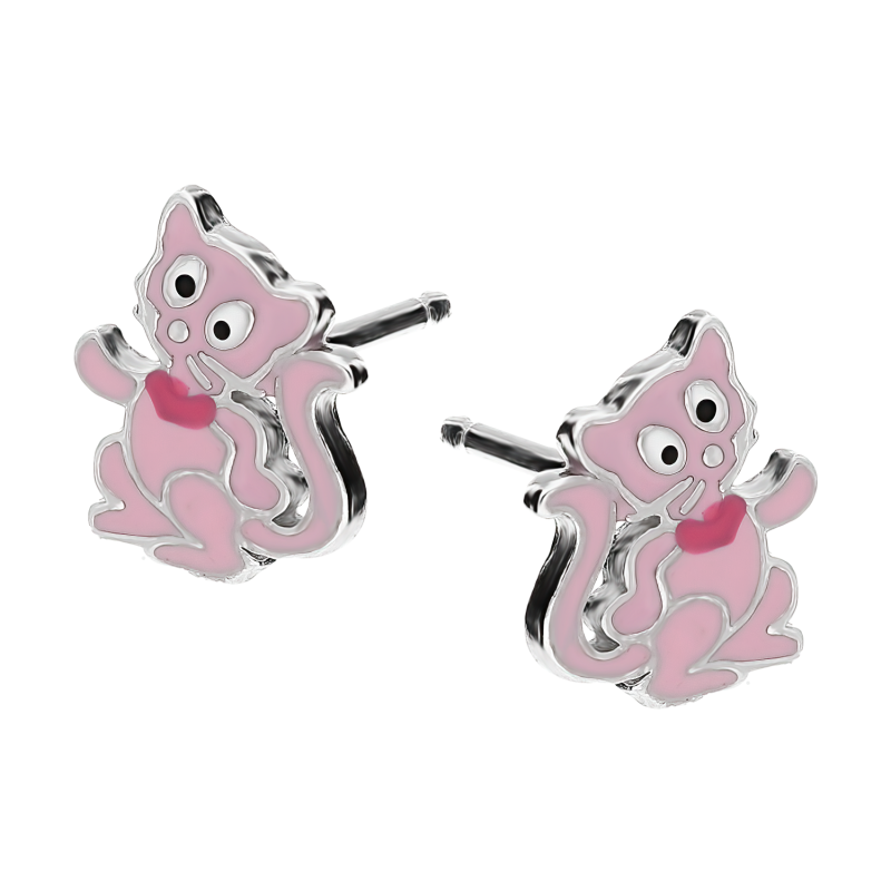 Kolczyki srebrne dla dziewczynki kot z różową emalią/sztyft PW593 próba 925