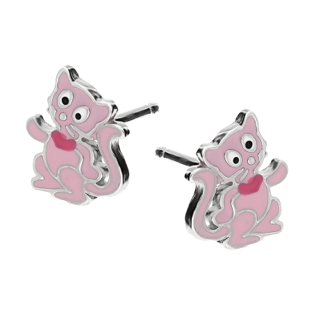 Kolczyki srebrne dla dziewczynki kot z różową emalią/sztyft PW593 próba 925