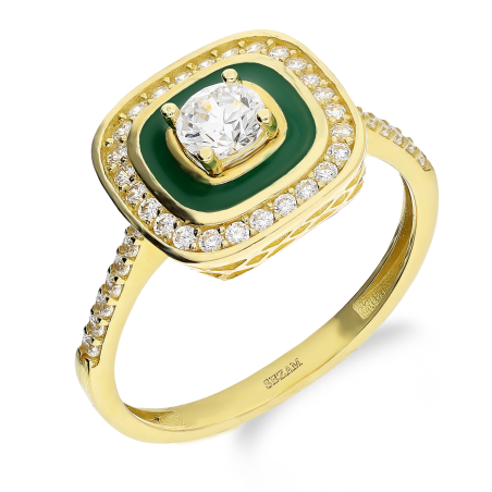 Pierścionek złoty kwadrat z zieloną emalią i cyrkoniami AR VX3-VX3SZR0356-2-FCZ-JZB próba 585