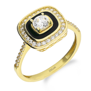 Pierścionek złoty kwadrat z czarną emalią i cyrkoniami