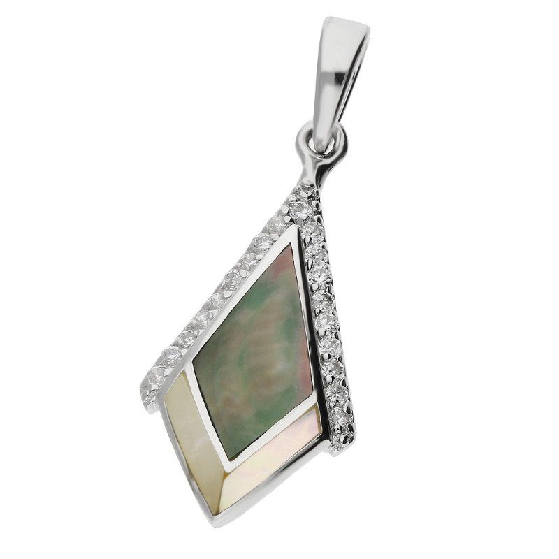 Zawieszka srebrna deltoid z zieloną i białą masą perłową i cyrkoniami NJ07 1630003 próba 925