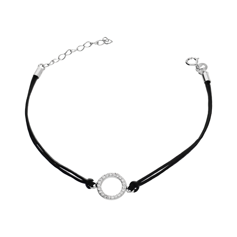 Bransoleta srebrna 925 koło z cyrkoniami na czarnym sznurku