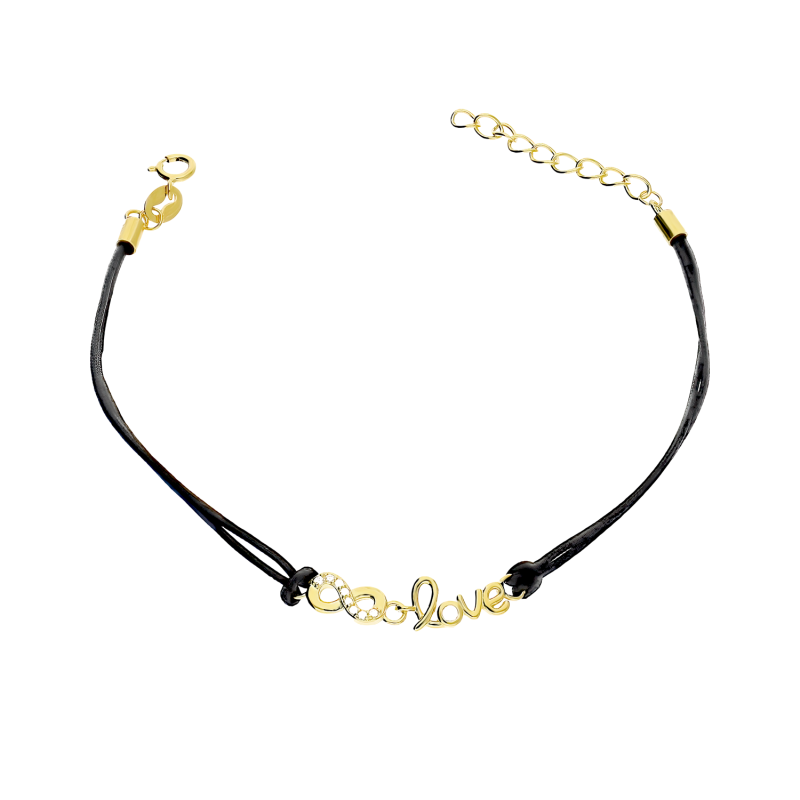 Bransoleta pozłacana napis Love i infinity na czarnym sznurku PW367 GOLD czarny próba 925
