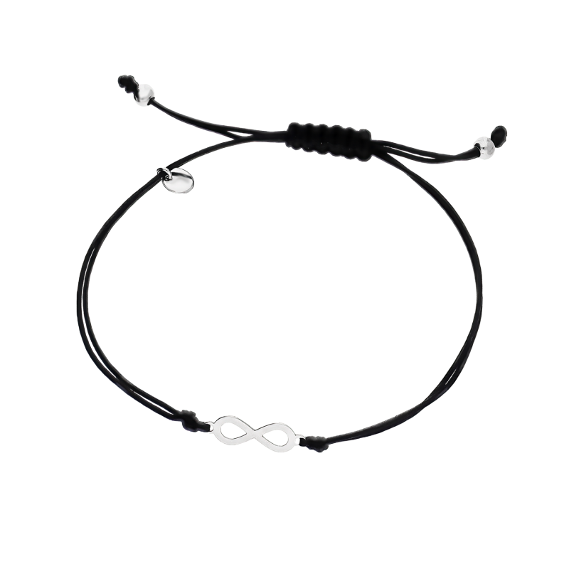 Bransoleta srebrna infinity płaskie na czarnym sznurku PW446 ROD czarny próba 925
