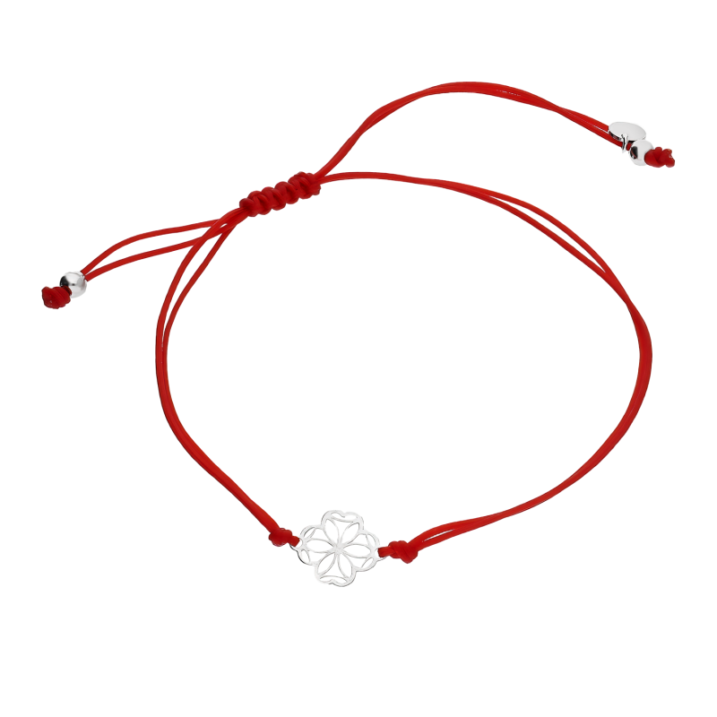 Bransoleta srebrna ażurowa koniczyna na czerwonym sznurku PW568 ROD czerwony próba 925