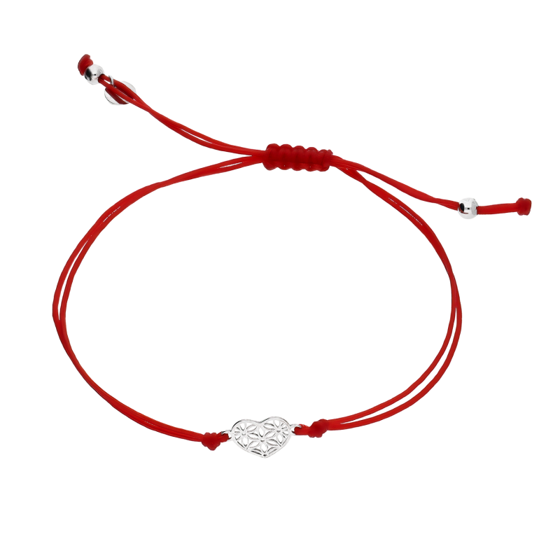 Bransoleta srebrna ażurowe serce na czerwonym sznurku PW569 ROD czerwony próba 925