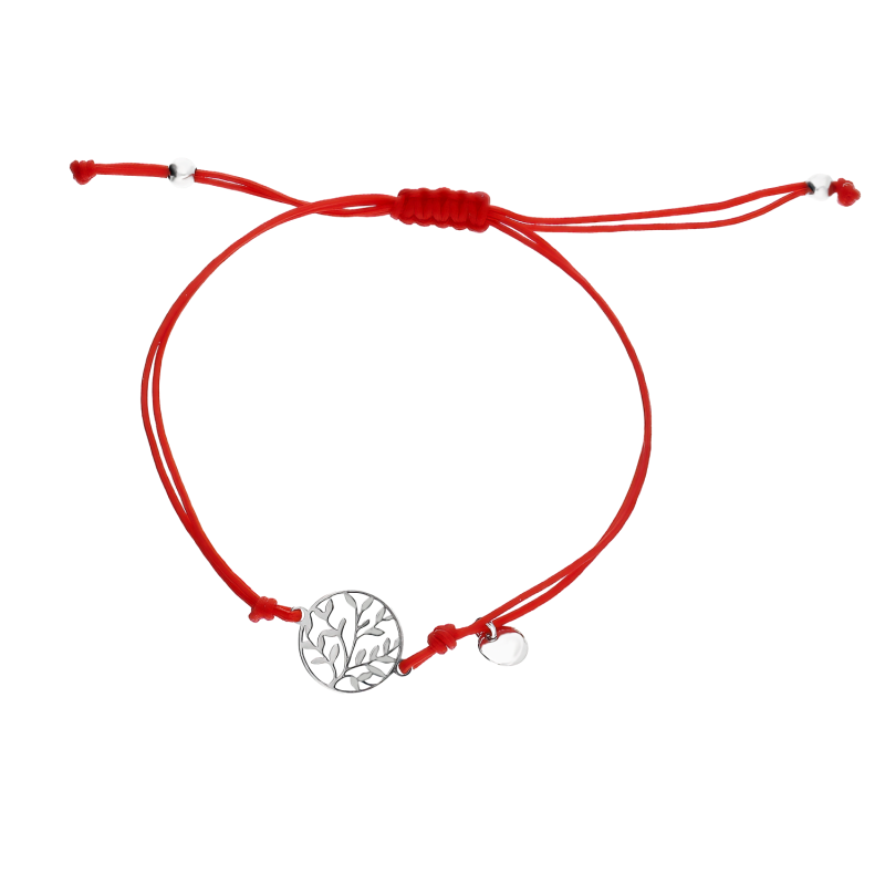 Bransoleta srebrna gałązki w kole na czerwonym sznurku PW570 ROD czerwony próba 925
