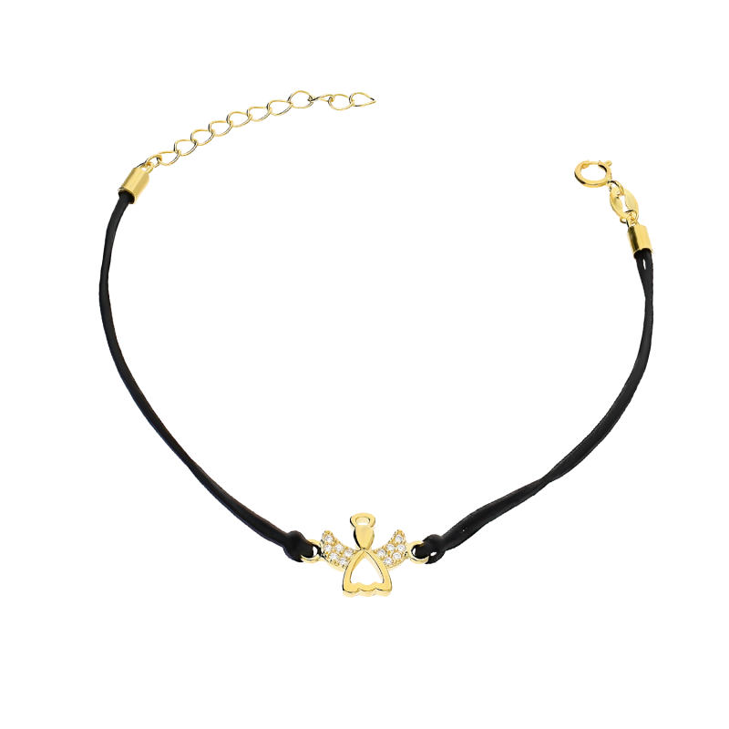Bransoleta pozłacana anioł z cyrkoniami na czarnym sznurku PW578 GOLD czarny próba 925