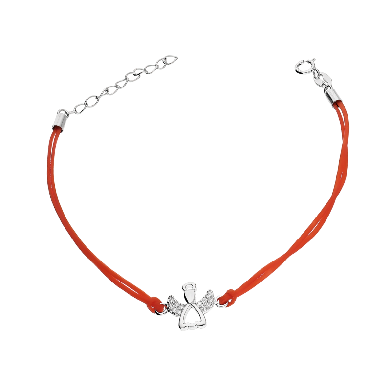 Bransoleta srebrna anioł z cyrkoniami na czerwonym sznurku PW578 ROD czerwony próba 925