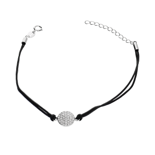 Bransoleta srebrna koło z cyrkoniami na czarnym sznurku, próba 925