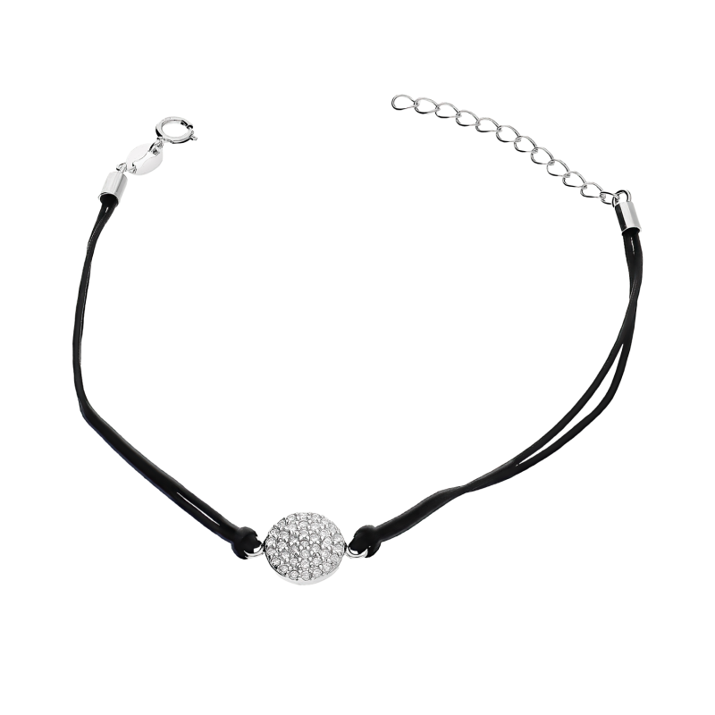 Bransoleta srebrna koło z cyrkoniami na czarnym sznurku PW582 ROD czarny próba 925