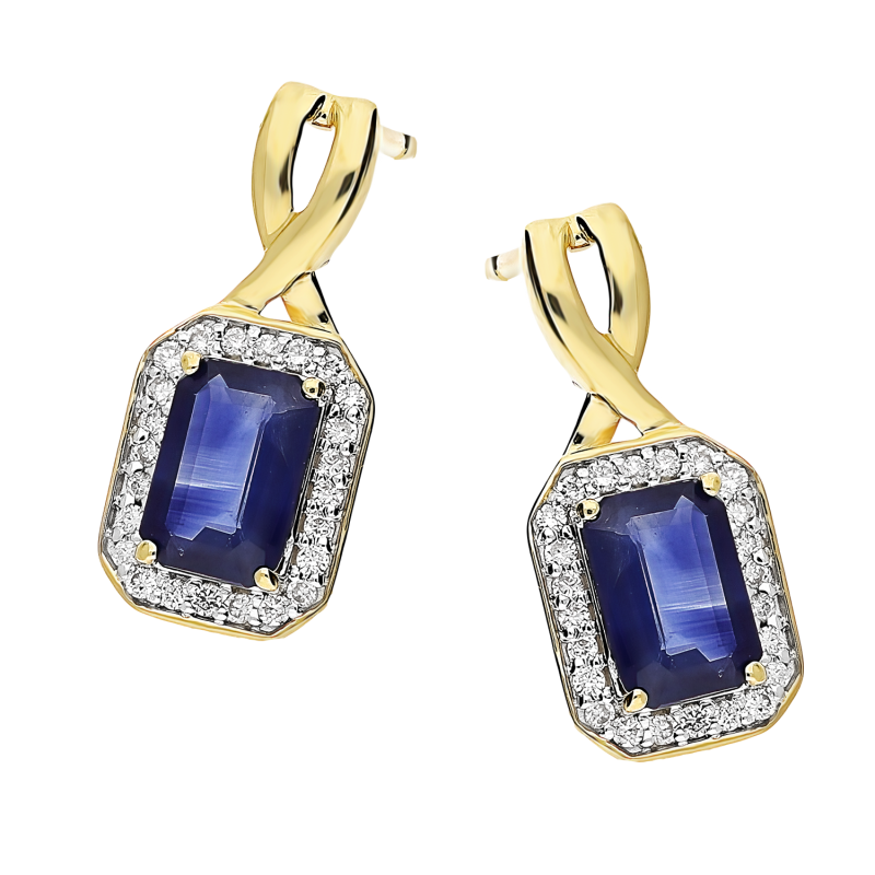 Kolczyki złote prostokątny szafir i diamenty/sztyft NF GS-434 SAP octagon próba 585