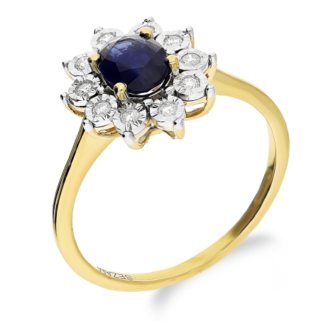 Pierścionek zaręczynowy szafir otoczony białymi diamentami NF GS-1145 SAP KATE Magic próba 585