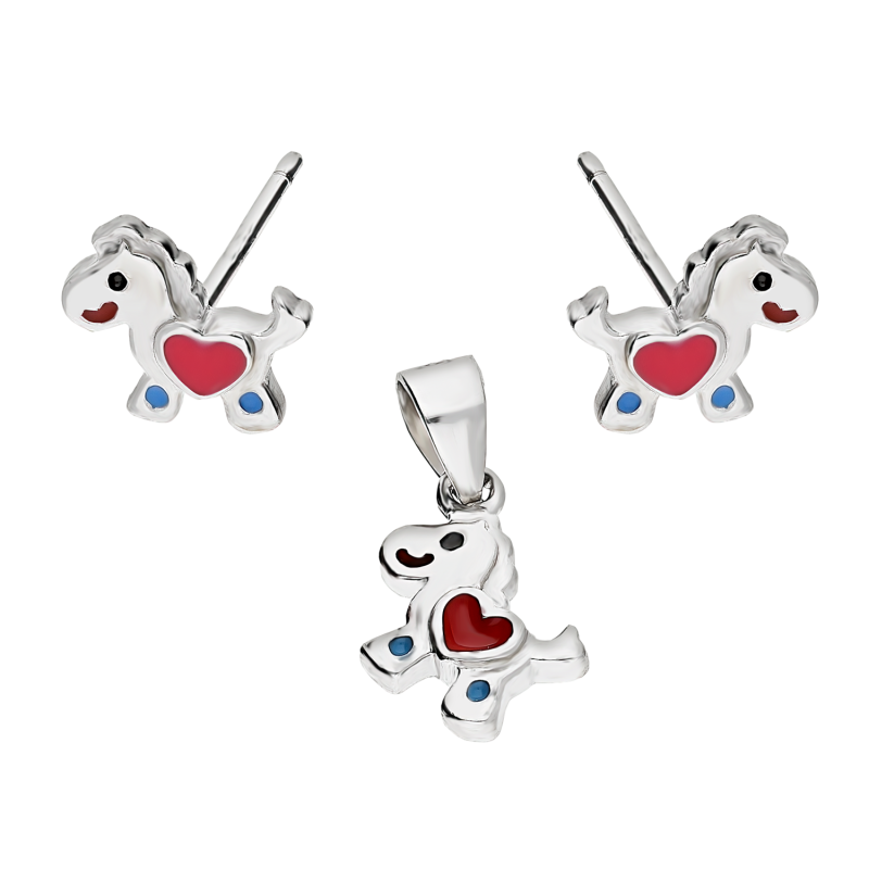 Komplet srebrny kolczyki i zawieszka konik z sercem z emalią HS1409 próba 925