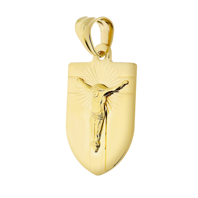 Medalik złoty blaszka z Panem Jezusem na krzyżu próba 585