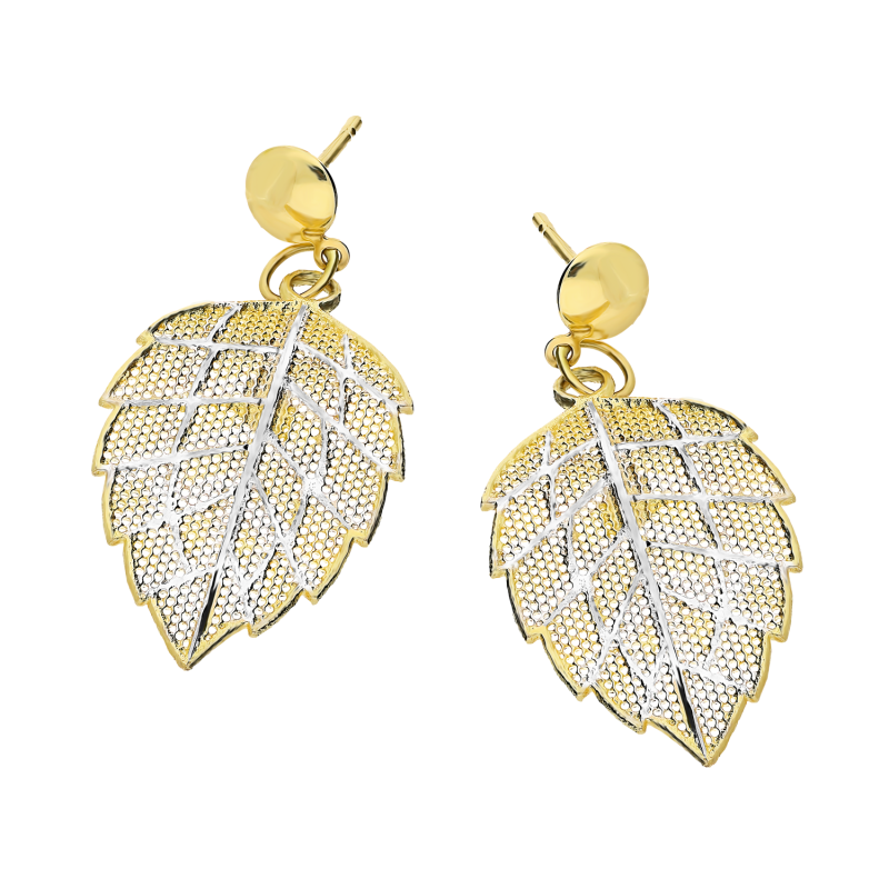 Kolczyki złote liść siatka w dwóch kolorach/sztyft A4 A012 próba 585