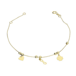 Bransoletka złota z wiszącą koniczyną, sercem i infinity