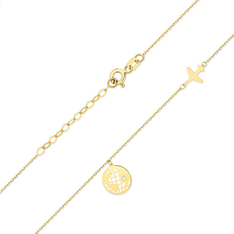 Naszyjnik złoty kula ziemska z diamentem i samolot/anker BE C-056 masiv próba 585