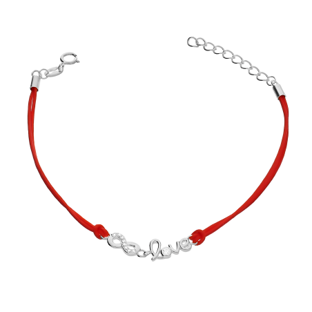 Bransoleta srebrna napis Love i infinity na czerwonym sznurku PW367 ROD czerwony próba 925