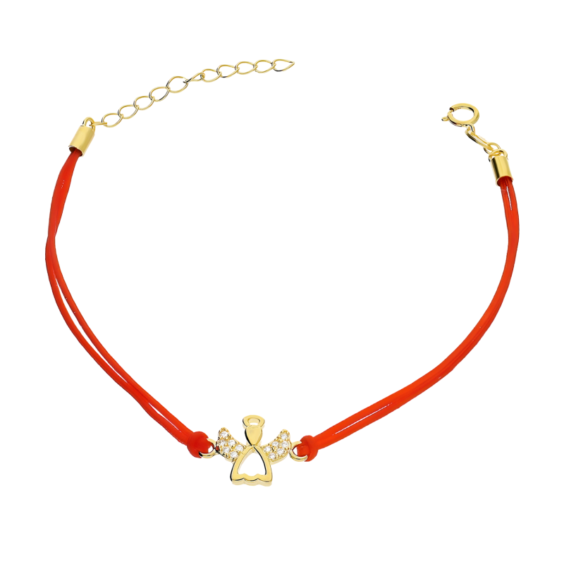 Bransoleta pozłacana anioł z cyrkoniami na czerwonym sznurku PW578 GOLD czerwony próba 925