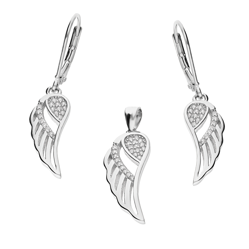 Komplet srebrny kolczyki i zawieszka ażurowe skrzydło z cyrkoniami AT242-1 próba 925