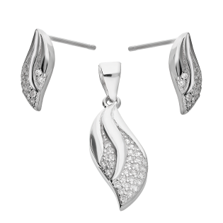 Komplet srebrny kolczyki i zawieszka listek z cyrkoniami AT342-1 próba 925