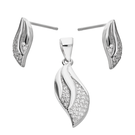Komplet srebrny kolczyki i zawieszka listek z cyrkoniami AT342-1 próba 925