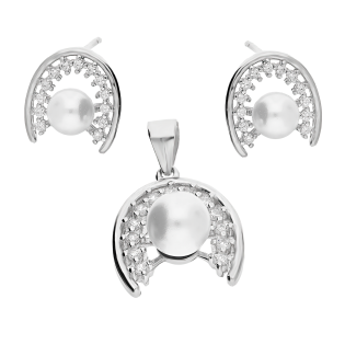 Srebrny Komplet Podkowa z Perłą i Cyrkoniami pr. 925 - JubilerSezam.pl