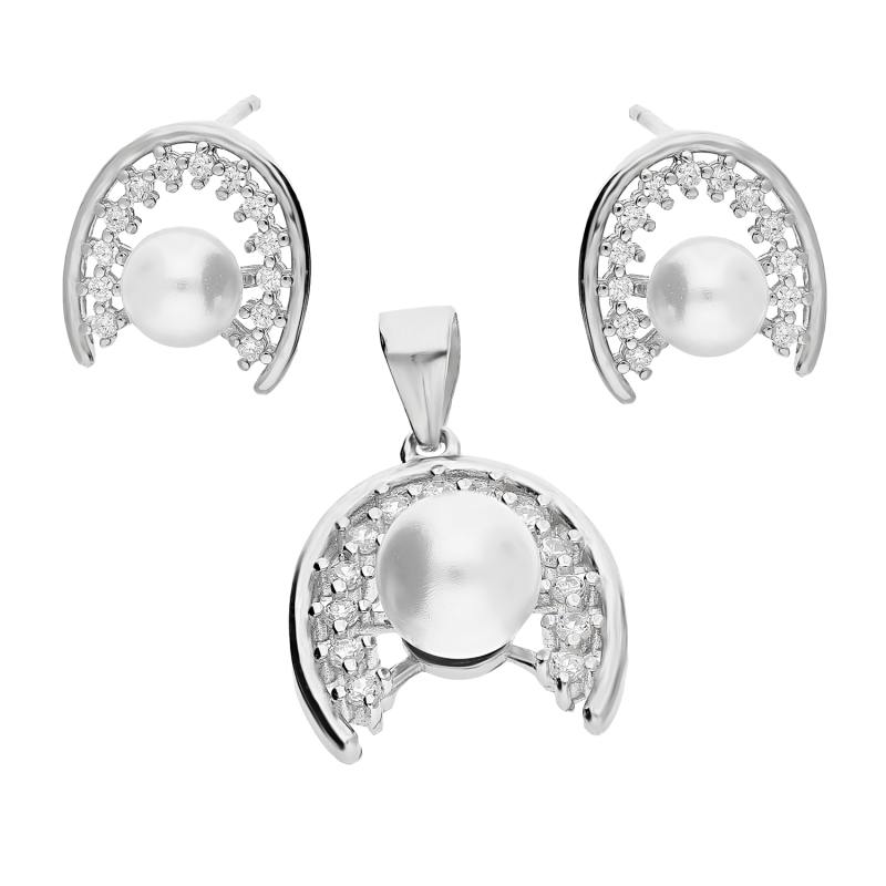 Srebrny Komplet Podkowa z Perłą i Cyrkoniami pr. 925 - JubilerSezam.pl