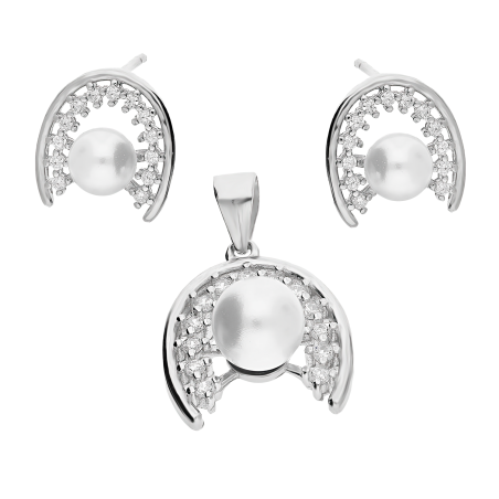Srebrny Komplet Podkowa z Perłą i Cyrkoniami pr. 925 - JubilerSezam.pl