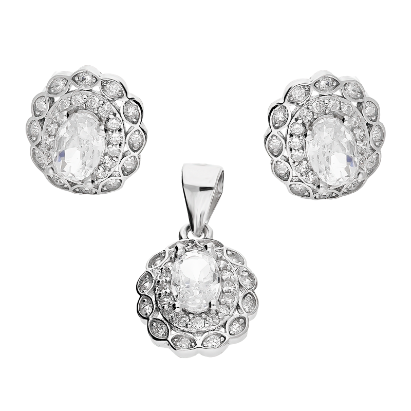 Komplet srebrny kolczyki i zawieszka owalna markiza z cyrkoniami AT546 próba 925