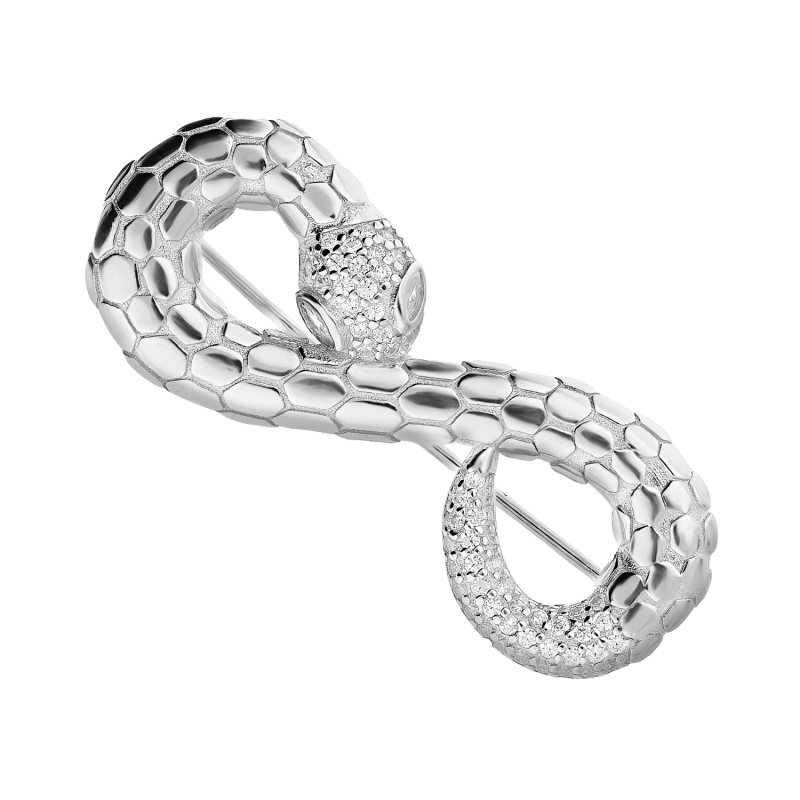 Broszka srebrna tłoczony wąż z białymi cyrkoniami AT569 próba 925