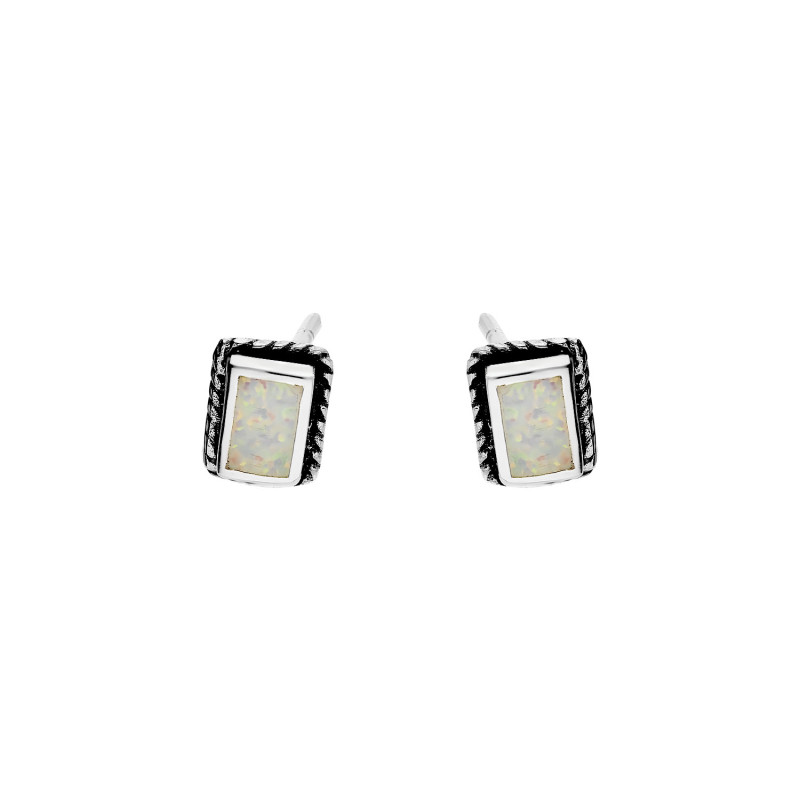 Kolczyki srebrne kwadratowy biały opal jubilerski/sztyft HS1444 biały próba 925
