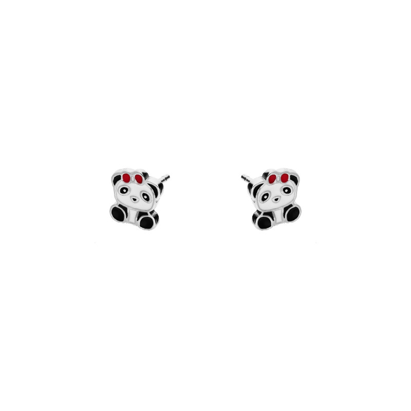 Kolczyki srebrne dla dziewczynki panda z biało-czarną emalią/sztyft PW NEW 267 ROD próba 925